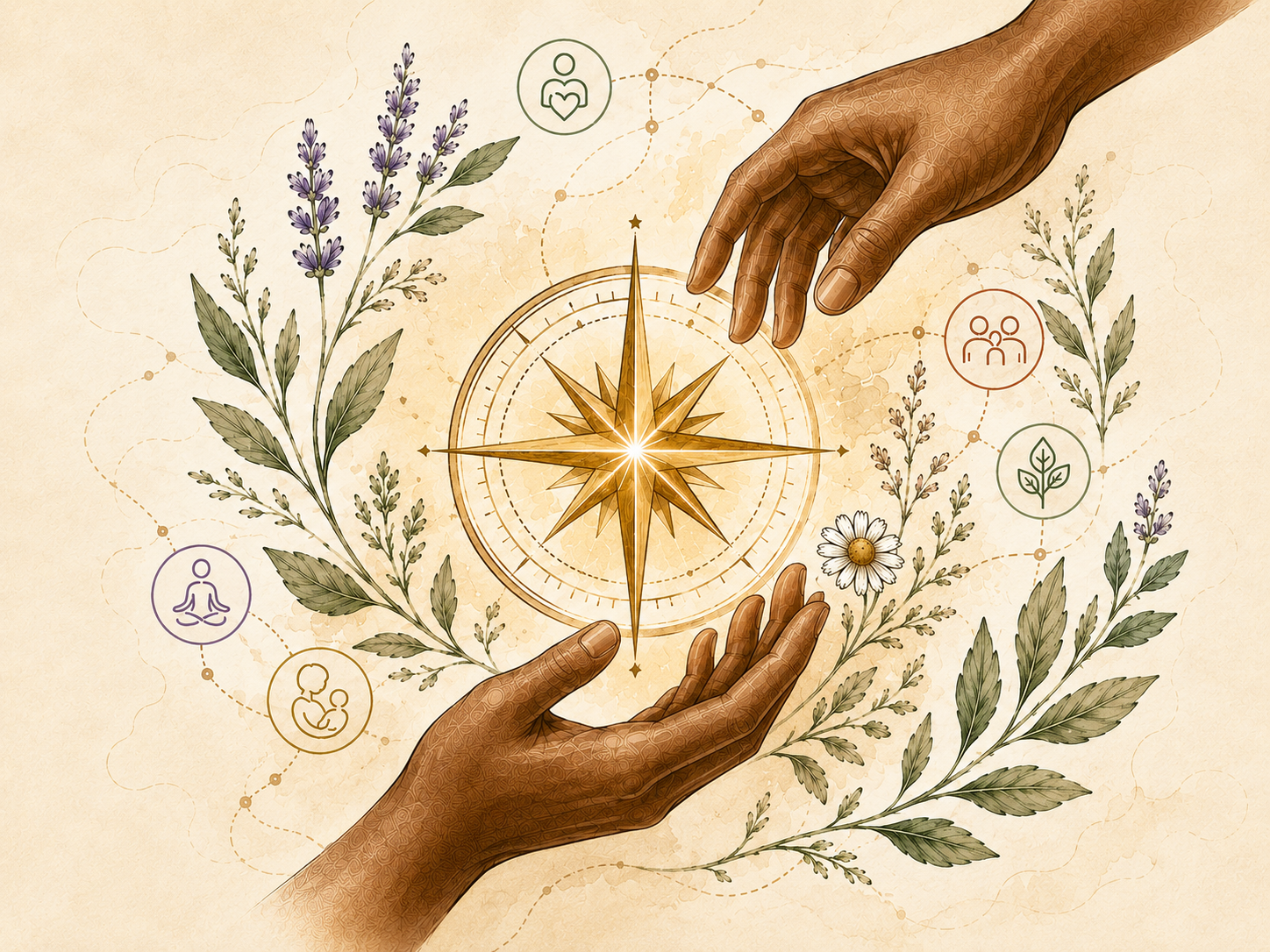 A botanical AHT Care Compass illustration with a compass rose, hands, and community wellness symbols