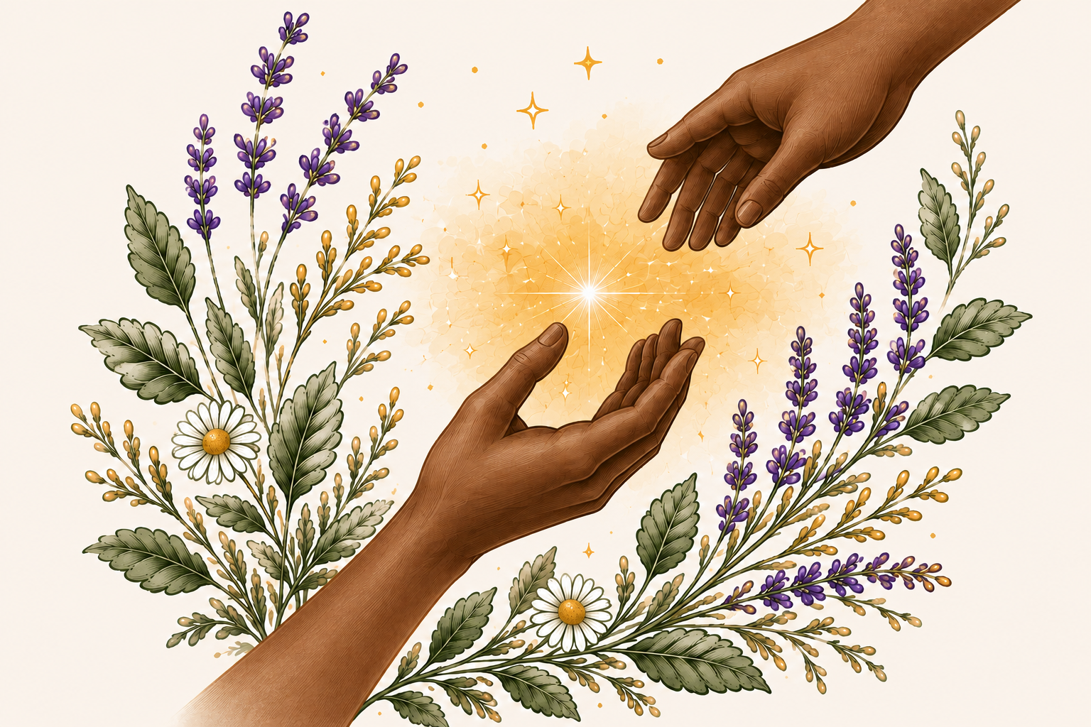 Two hands reaching toward a golden light surrounded by botanicals
